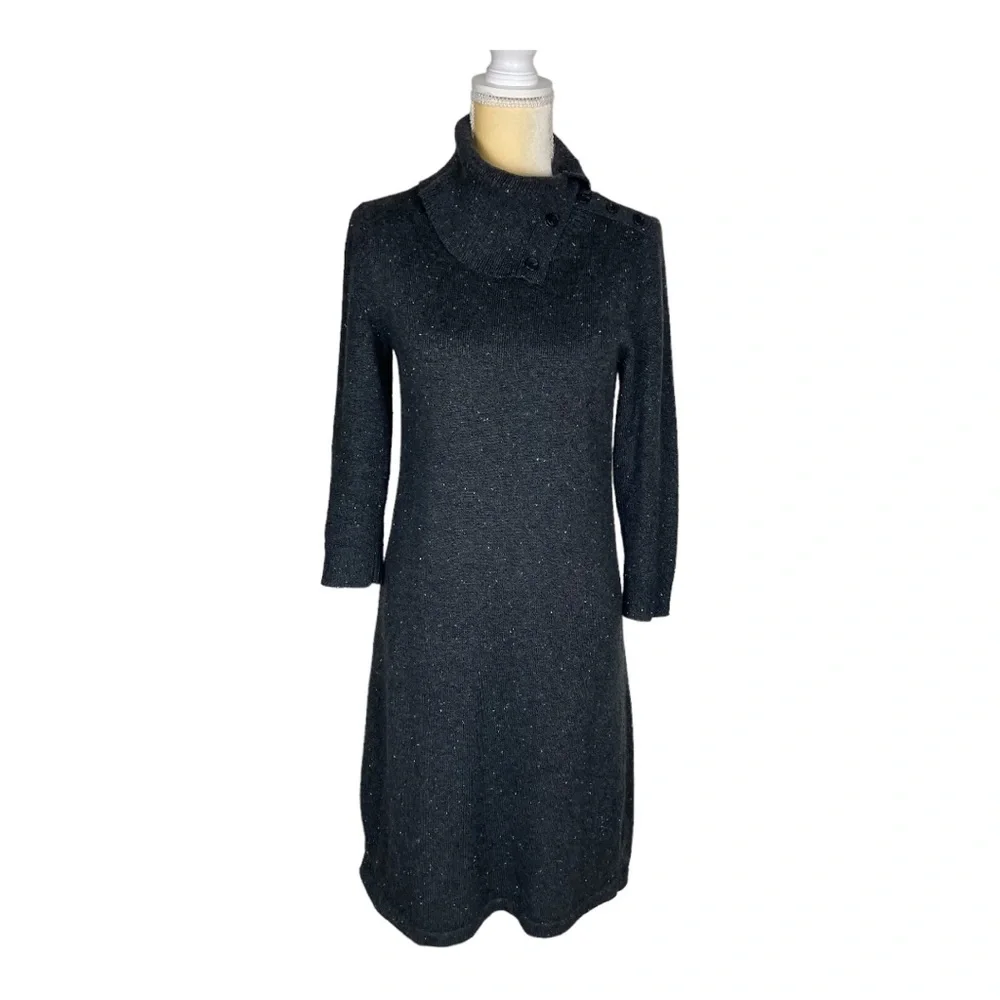 Talbots Sweater Dress Gray Donegal Speckled Cowl Neck Knit Size Small‎
